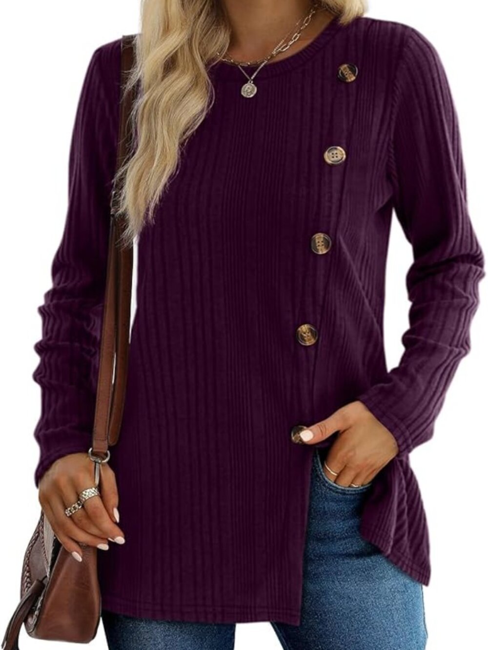 Large Long Sleeve Tunic Top Decorative Buttons Front Slit Eggplant Purple